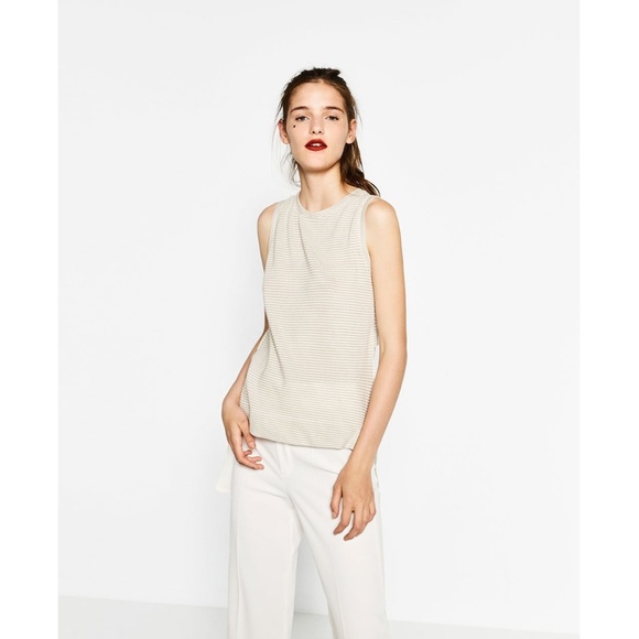 ZARA Asymmetric Hem Contrast Fabric Sleeveless Top - Picture 3 of 9